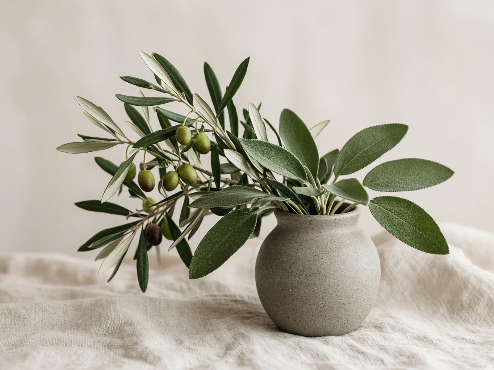 Olive branches and sage in a stoneware vessel