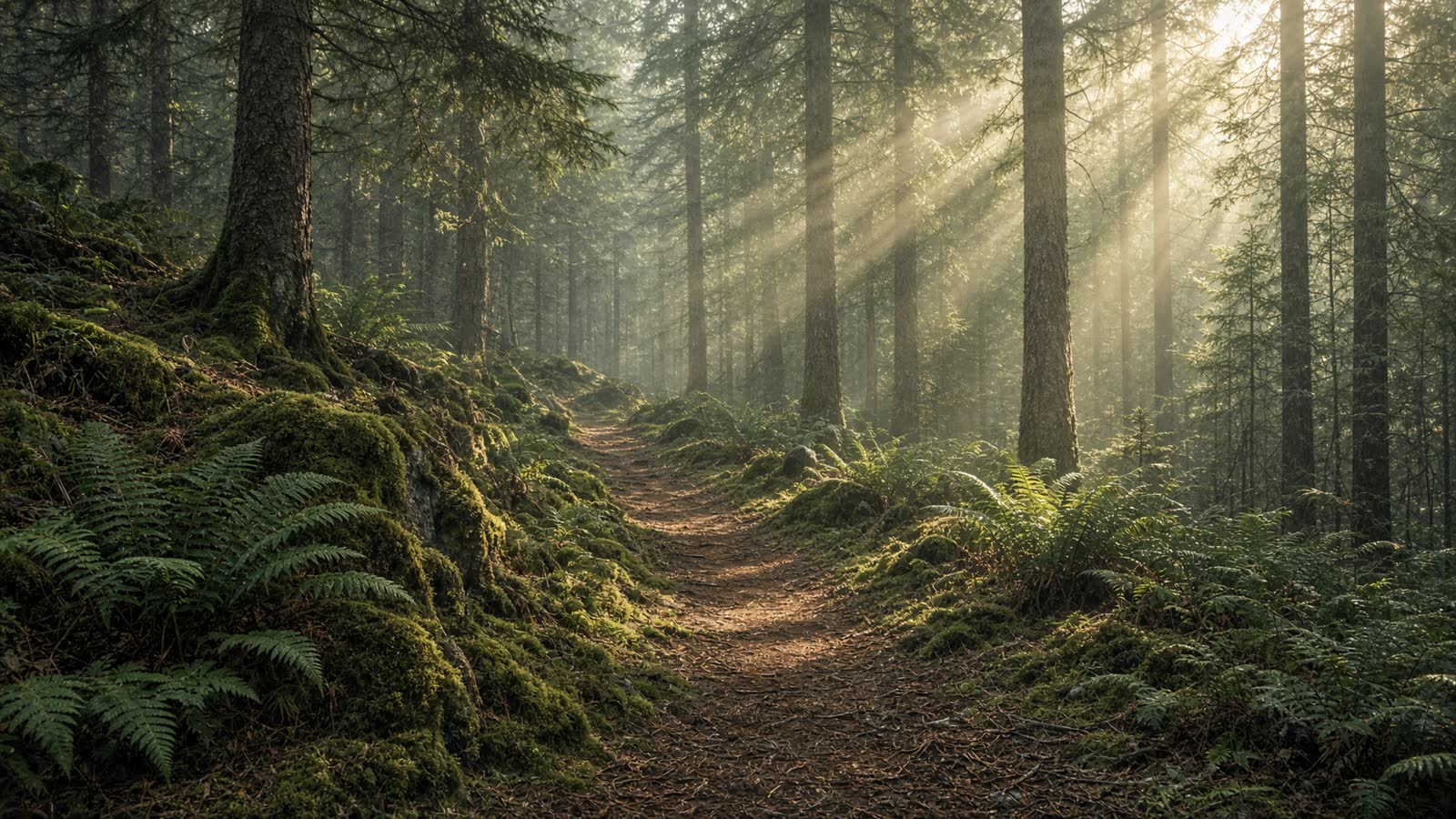A mossy forest path in morning light