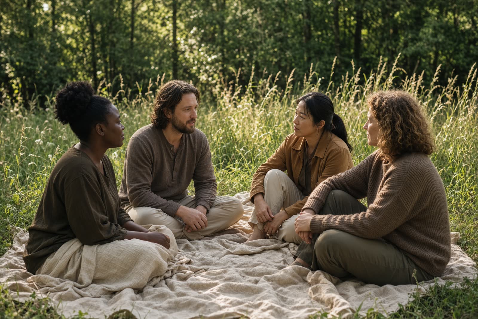 A small group in conversation at the edge of a meadow