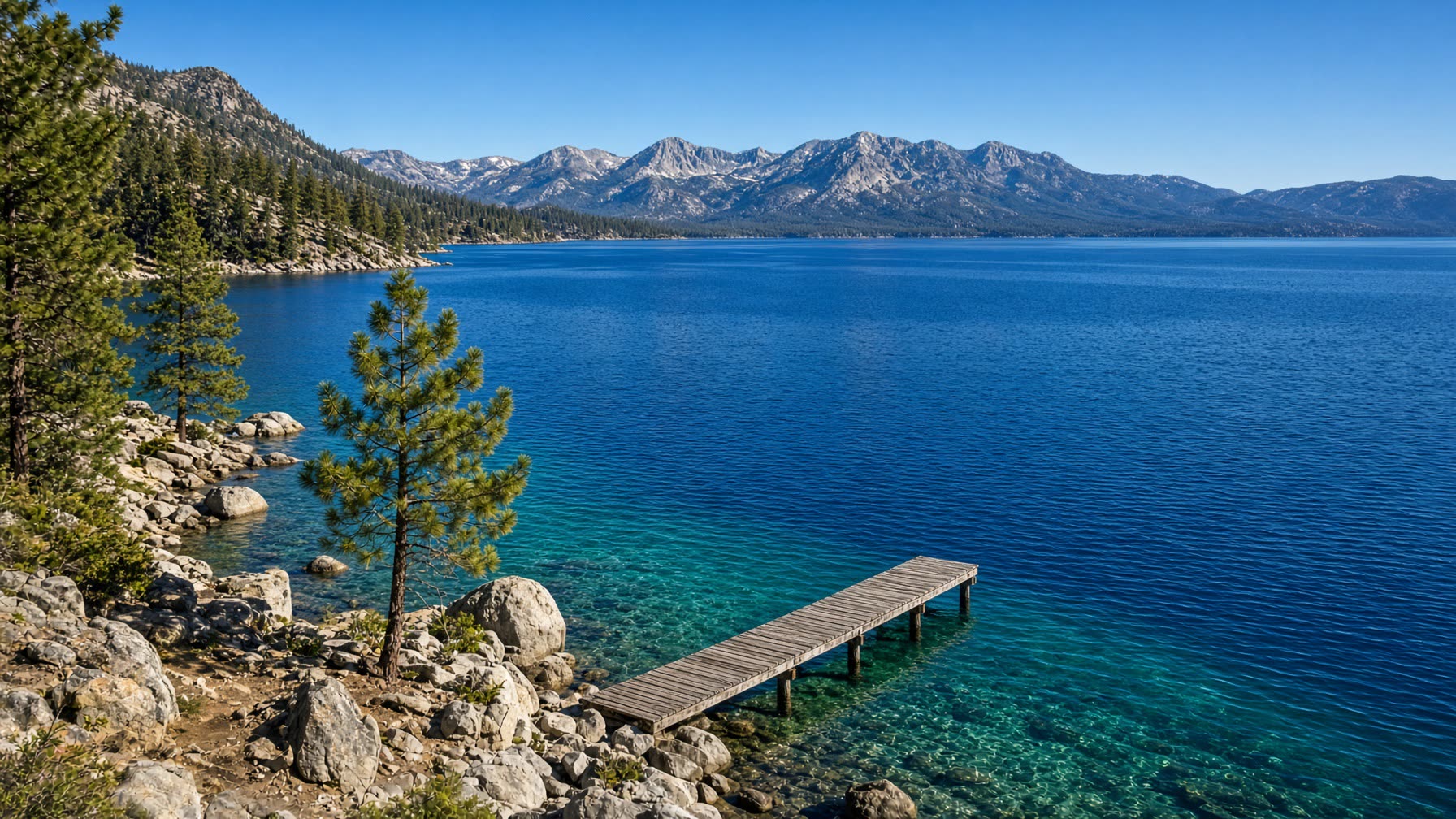 Lake Tahoe in late summer: clear turquoise water, a wooden dock, granite shore, and pine-covered Sierra mountains