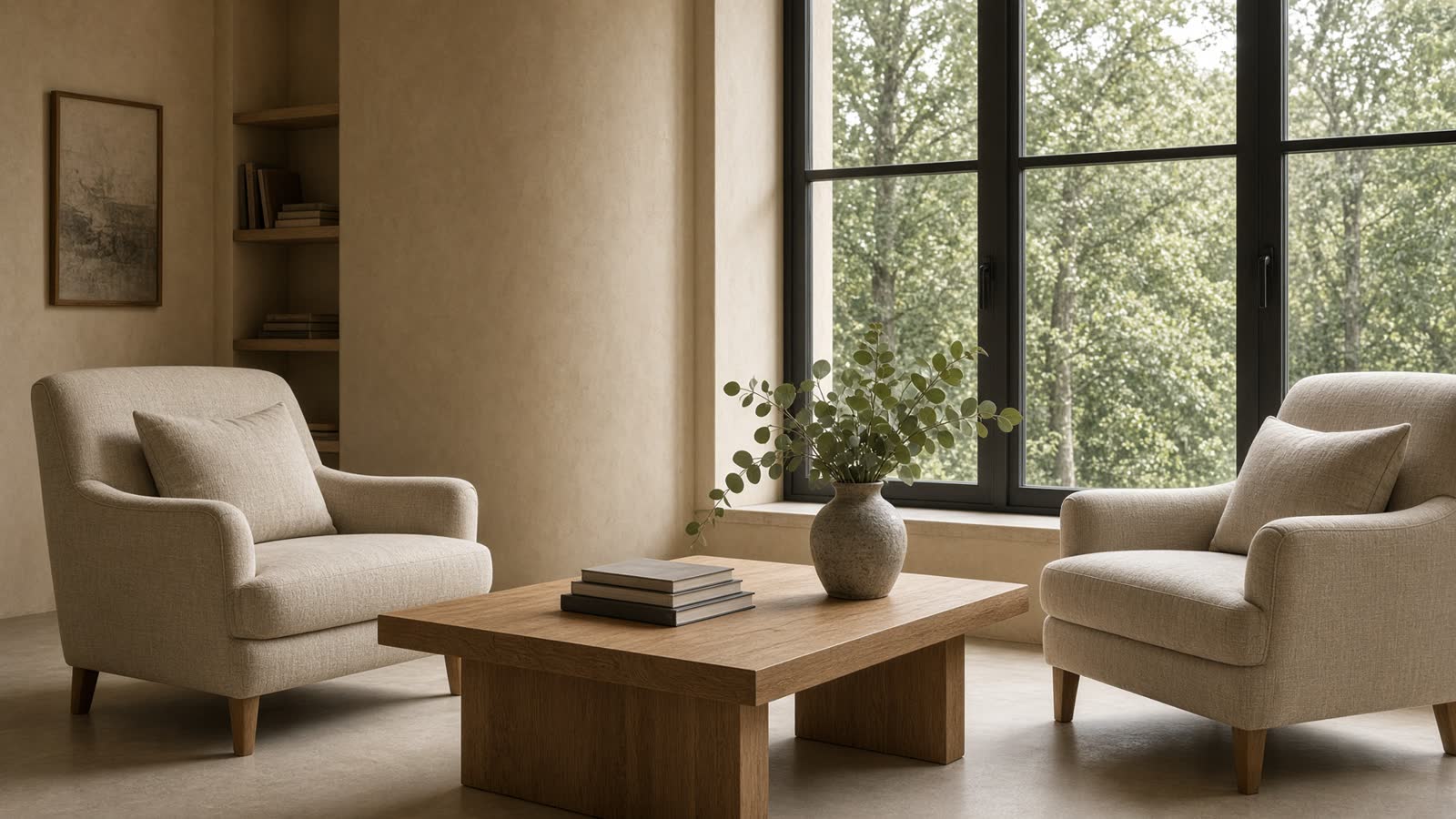 A quiet institute lounge with linen chairs and windows onto trees
