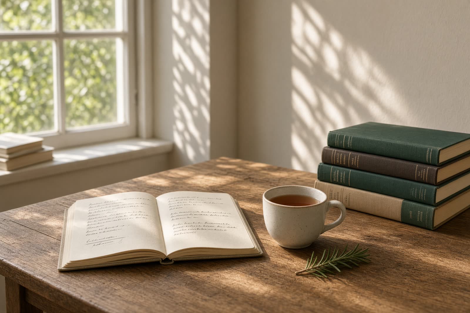 A sunlit reading table with an open notebook, tea, and books